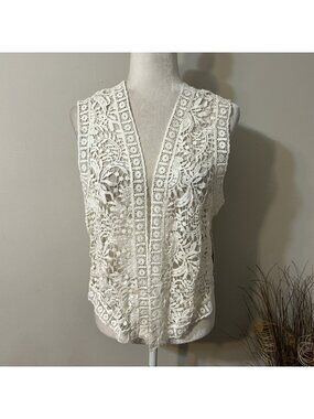NWT Karen Kane LIFESTYLE CROCHET LACE VEST Ivory & White Sleeveless Open Front M